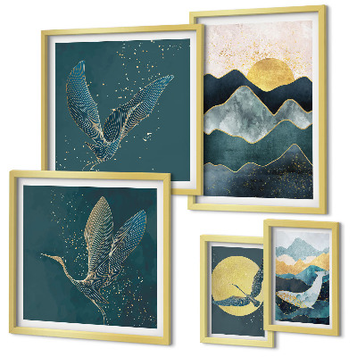 Tableau de décoration murale Montagnes élégantes, oiseaux, soleil