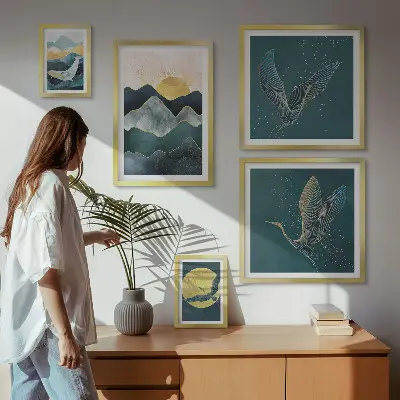 Tableau de décoration murale montagnes élégantes avec oiseaux et soleil