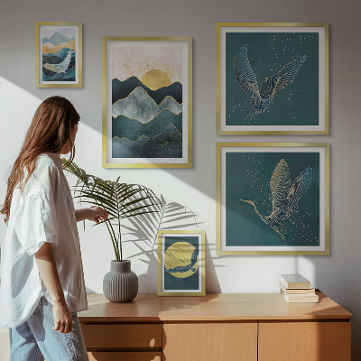 Tableau de décoration murale Montagnes élégantes, oiseaux, soleil