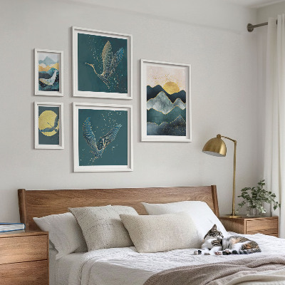 Tableau de décoration murale Montagnes élégantes, oiseaux, soleil
