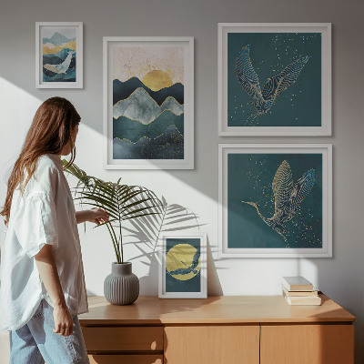 Tableau de décoration murale Montagnes élégantes, oiseaux, soleil