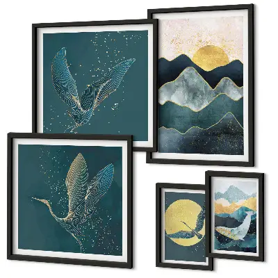 Tableau de décoration murale montagnes élégantes avec oiseaux et soleil