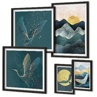 Tableau de décoration murale Montagnes élégantes, oiseaux, soleil
