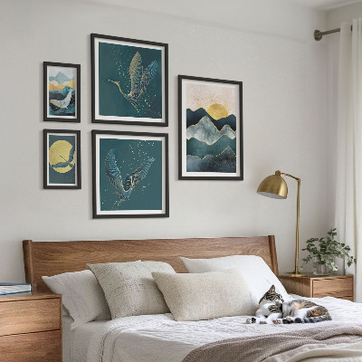 Tableau de décoration murale Montagnes élégantes, oiseaux, soleil