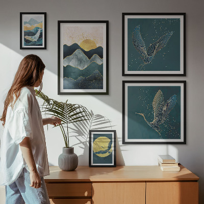 Tableau de décoration murale Montagnes élégantes, oiseaux, soleil