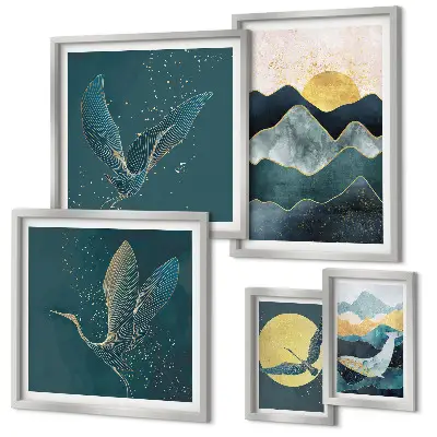 Tableau de décoration murale montagnes élégantes avec oiseaux et soleil