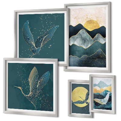 Tableau de décoration murale Montagnes élégantes, oiseaux, soleil