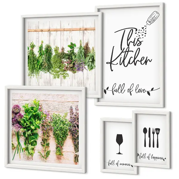Ensemble de 5 tableaux représentant des accessoires de cuisine et des herbes aromatiques