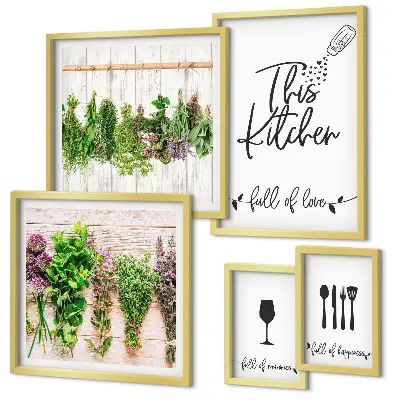 Ensemble de 5 tableaux représentant des accessoires de cuisine et des herbes aromatiques