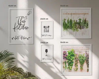 Ensemble de 5 tableaux représentant des accessoires de cuisine et des herbes aromatiques
