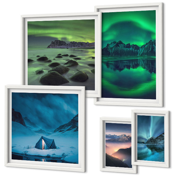 Lot de tableaux encadrés Paysages hivernaux des montagnes aurorales