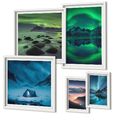 Lot de tableaux encadrés Paysages hivernaux des montagnes aurorales