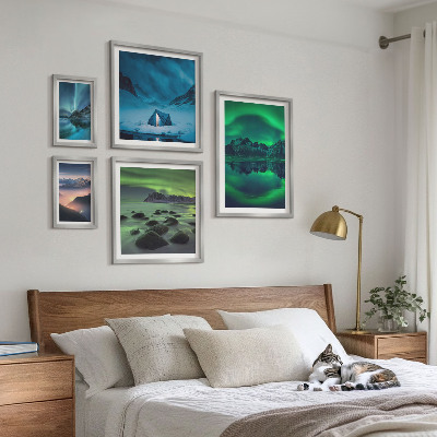 Lot de tableaux encadrés Paysages hivernaux des montagnes aurorales
