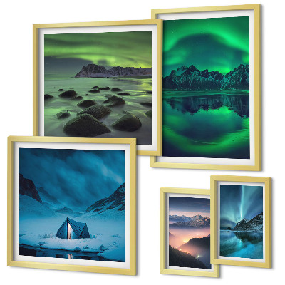 Lot de tableaux encadrés Paysages hivernaux des montagnes aurorales