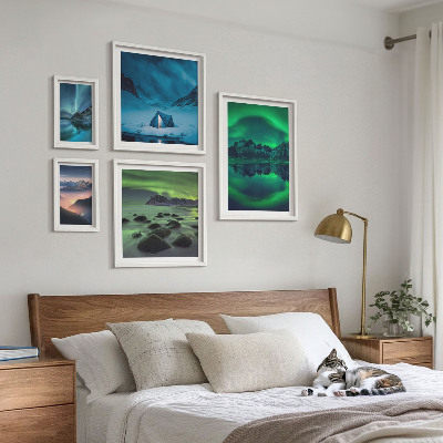 Lot de tableaux encadrés Paysages hivernaux des montagnes aurorales