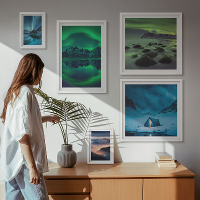 Lot de tableaux encadrés Paysages hivernaux des montagnes aurorales