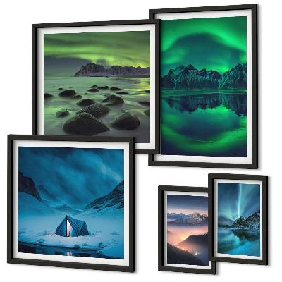 Lot de tableaux encadrés Paysages hivernaux des montagnes aurorales