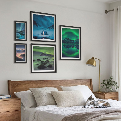 Lot de tableaux encadrés Paysages hivernaux des montagnes aurorales