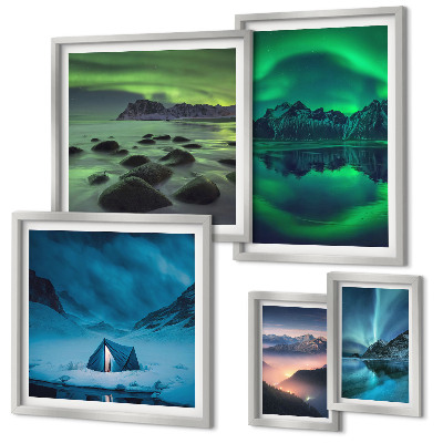 Lot de tableaux encadrés Paysages hivernaux des montagnes aurorales