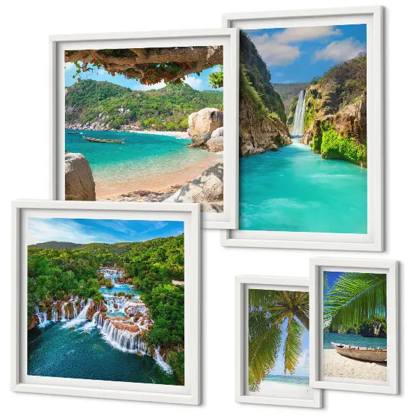 Lot de tableaux encadrés représentant des plages tropicales avec cascades