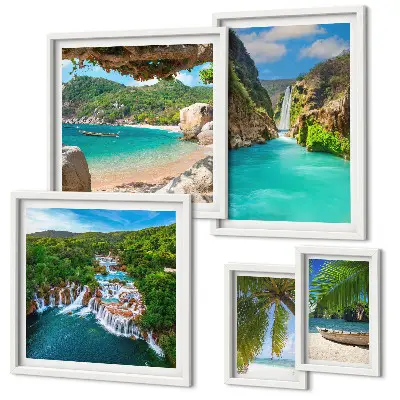 Lot de tableaux encadrés représentant des plages tropicales avec cascades