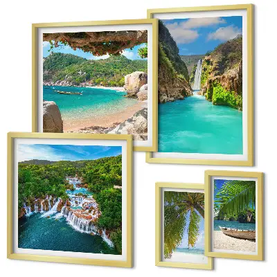 Lot de tableaux encadrés représentant des plages tropicales avec cascades