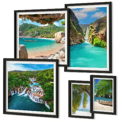 Lot de tableaux encadrés représentant des plages tropicales avec cascades