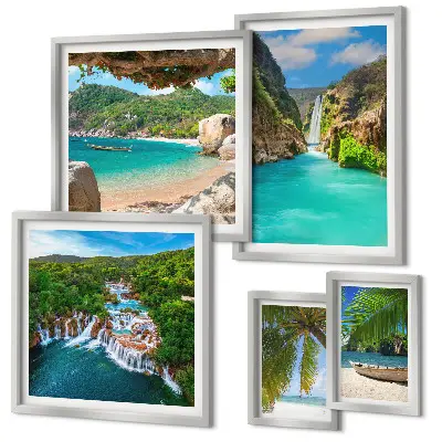 Lot de tableaux encadrés représentant des plages tropicales avec cascades