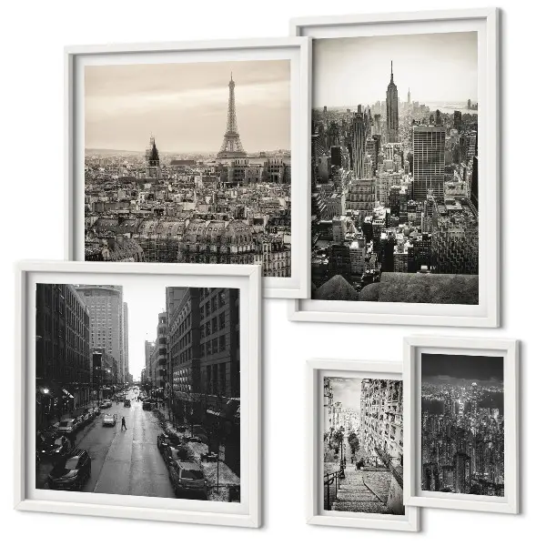 Ensemble de 5 tableaux représentant des panoramas urbains de capitales européennes