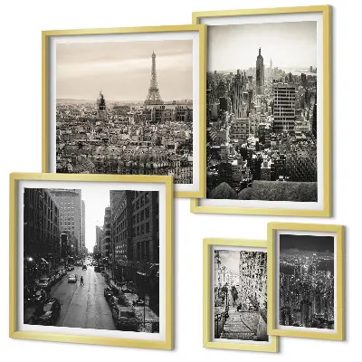 Ensemble de 5 tableaux représentant des panoramas urbains de capitales européennes