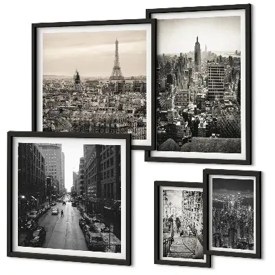 Ensemble de 5 tableaux représentant des panoramas urbains de capitales européennes