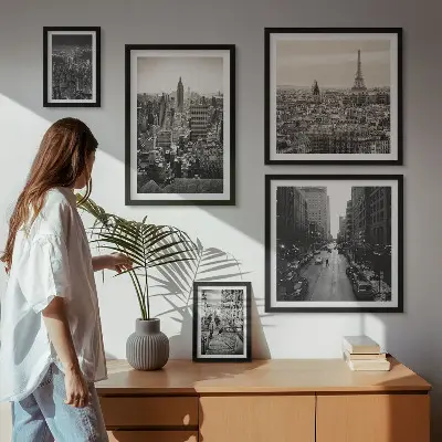 Ensemble de 5 tableaux représentant des panoramas urbains de capitales européennes