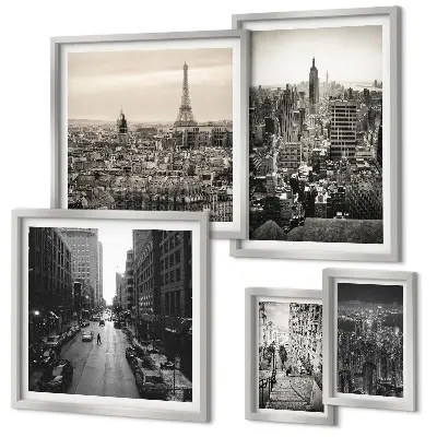 Ensemble de 5 tableaux représentant des panoramas urbains de capitales européennes