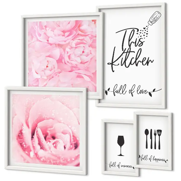 Tableau de décoration murale inspirations pour la cuisine avec motifs de roses et accessoires