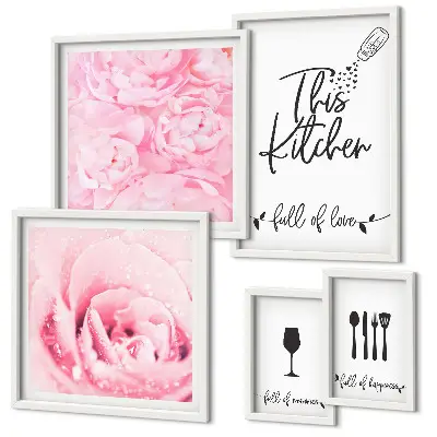 Tableau de décoration murale inspirations pour la cuisine avec motifs de roses et accessoires