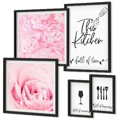 Tableau de décoration murale inspirations pour la cuisine avec motifs de roses et accessoires