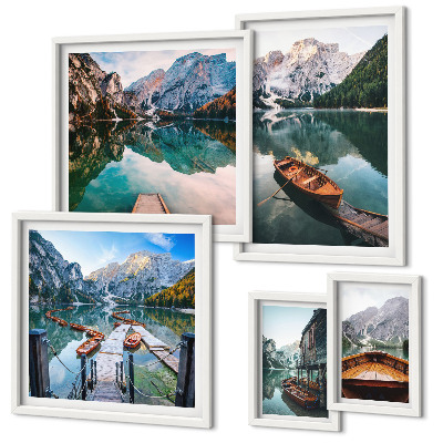 Ensemble de 5 tableaux Lacs tranquilles, bateaux en bois