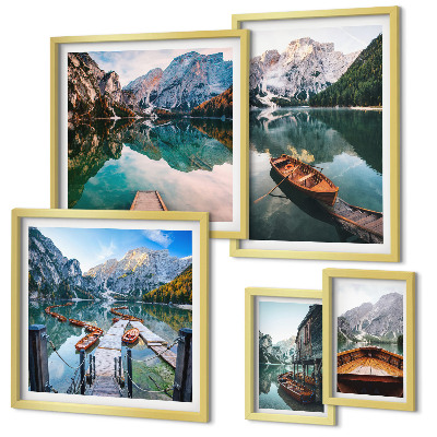 Ensemble de 5 tableaux Lacs tranquilles, bateaux en bois