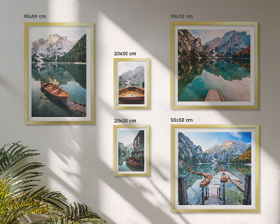 Ensemble de 5 tableaux Lacs tranquilles, bateaux en bois