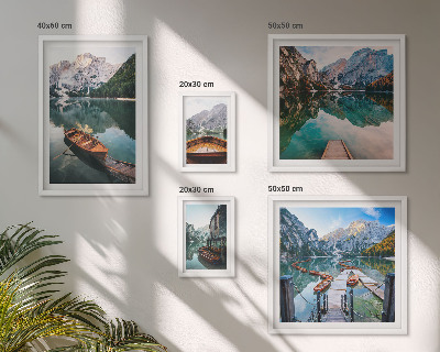 Ensemble de 5 tableaux Lacs tranquilles, bateaux en bois