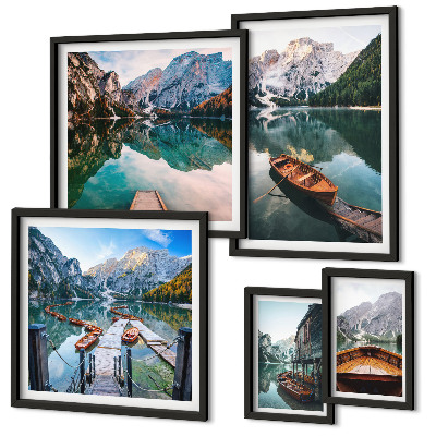 Ensemble de 5 tableaux Lacs tranquilles, bateaux en bois