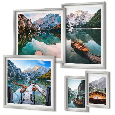 Ensemble de 5 tableaux Lacs tranquilles, bateaux en bois
