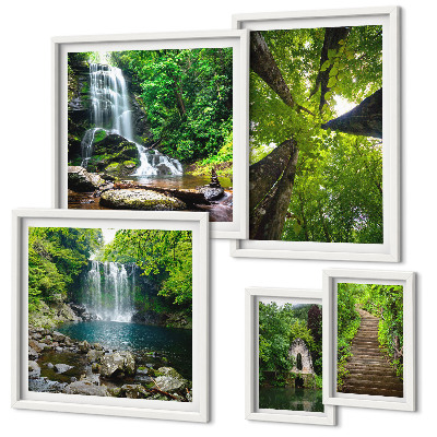 Ensemble de 5 tableaux Paysages verdoyants de cascades