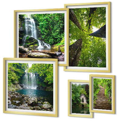 Ensemble de 5 tableaux Paysages verdoyants de cascades