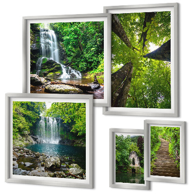 Ensemble de 5 tableaux Paysages verdoyants de cascades