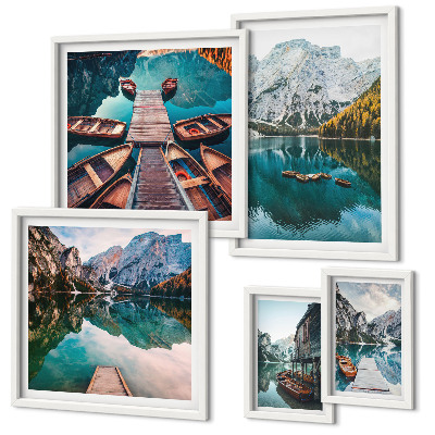 Lot de tableaux encadrés Lacs de montagne bateaux en bois