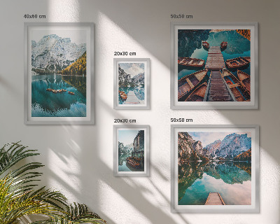 Lot de tableaux encadrés Lacs de montagne bateaux en bois