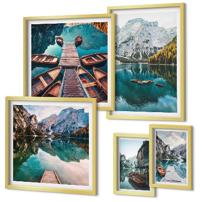 Lot de tableaux encadrés Lacs de montagne bateaux en bois