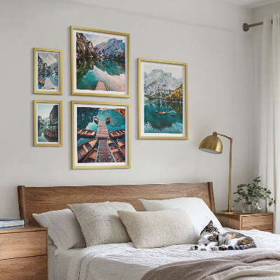 Lot de tableaux encadrés Lacs de montagne bateaux en bois