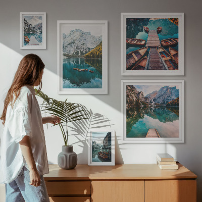 Lot de tableaux encadrés Lacs de montagne bateaux en bois